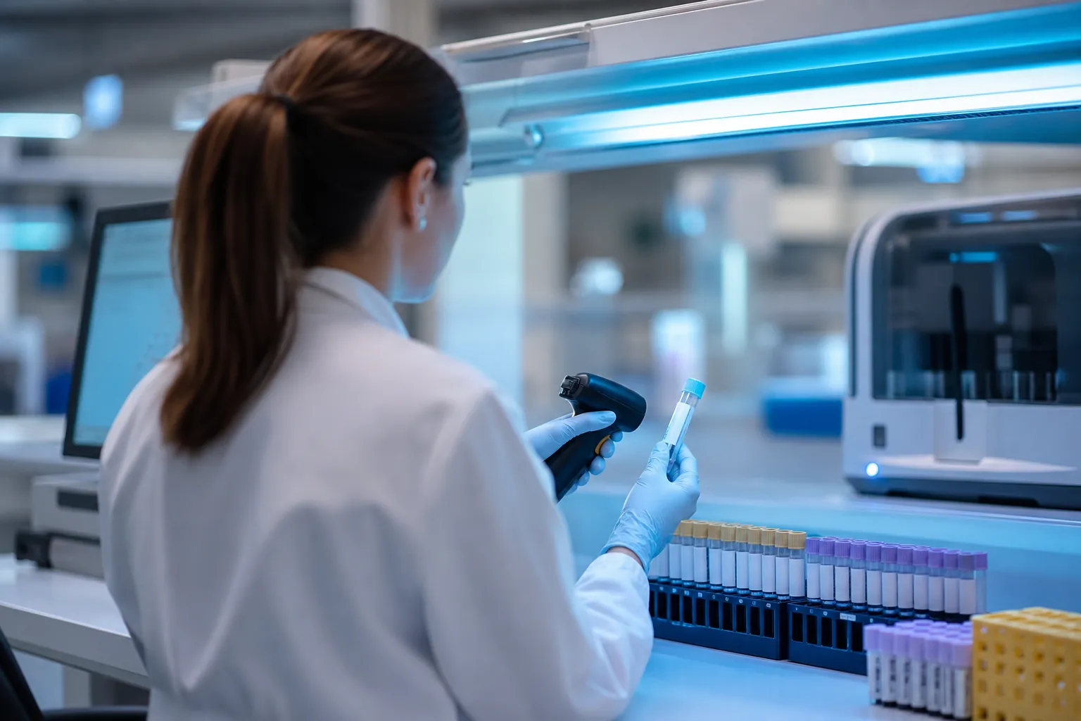 Biomedical scientist receiving and checking a sample at a UK laboratory bench