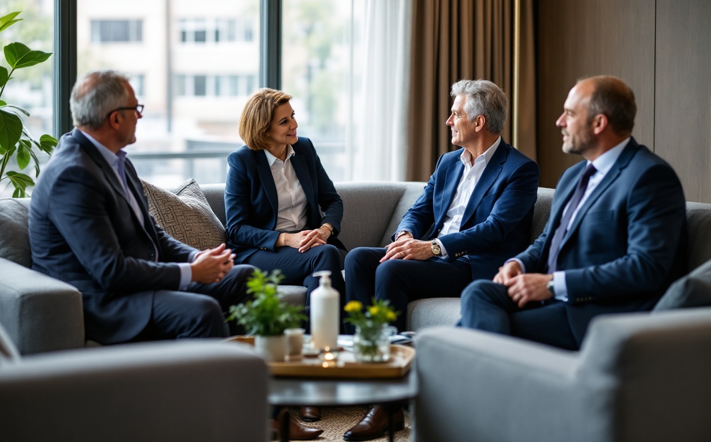 Executives in a private lounge reviewing a MeScreen report and discussing recovery, resilience and high-performance health.