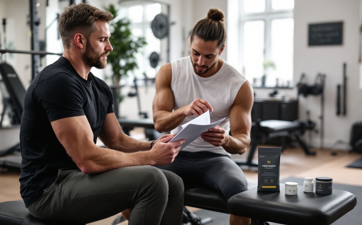 A coach and client in a premium studio using a MeScreen report to discuss training load, recovery and resilience.