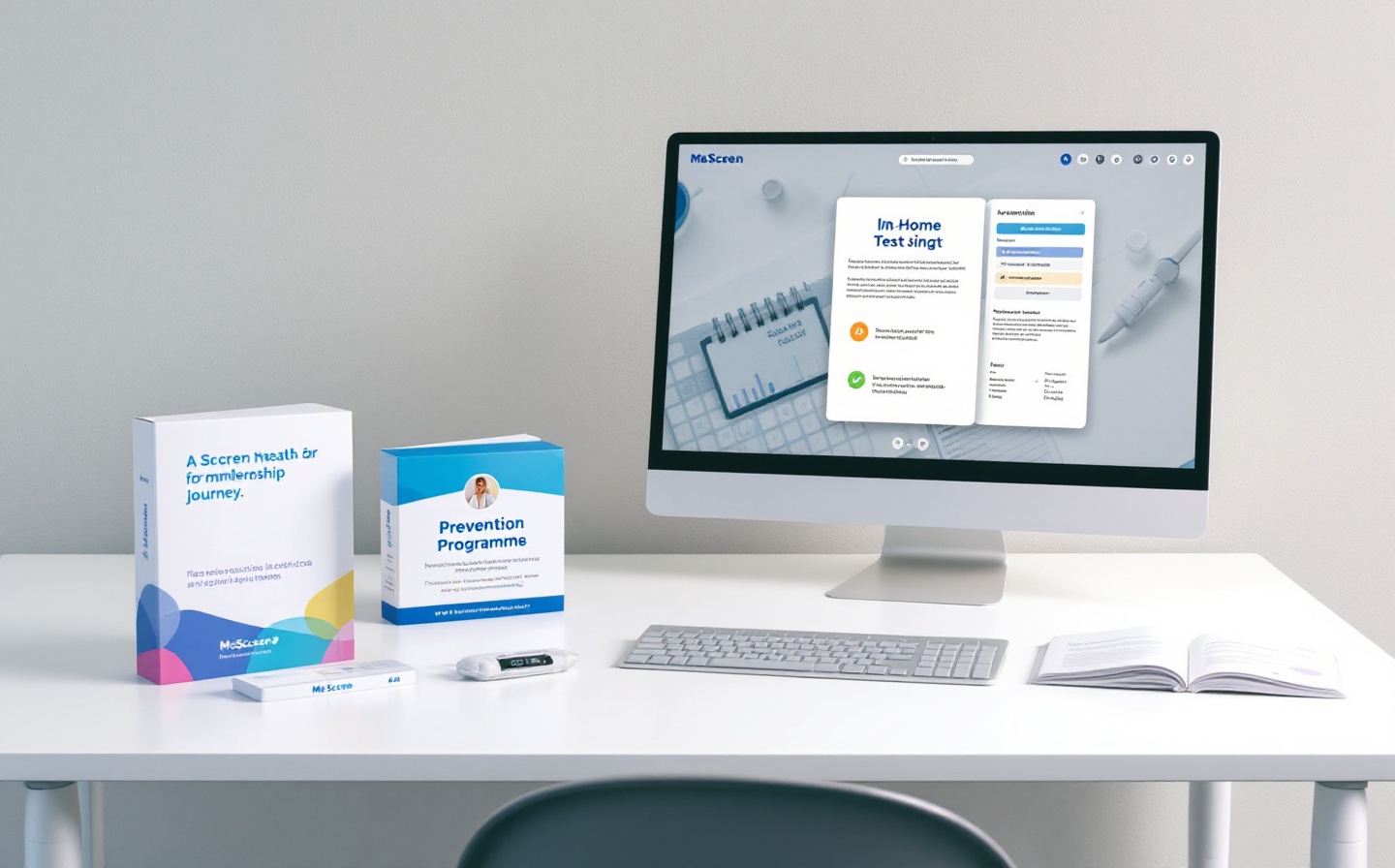 A prevention-focused member journey showing a MeScreen kit, report review and insurer partnership touchpoints.