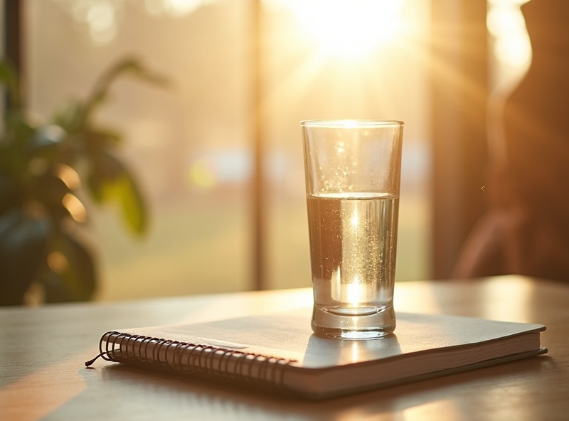 Calm UK wellness scene with water, notebook and soft daylight for an article about alcohol, recovery and mitochondria.