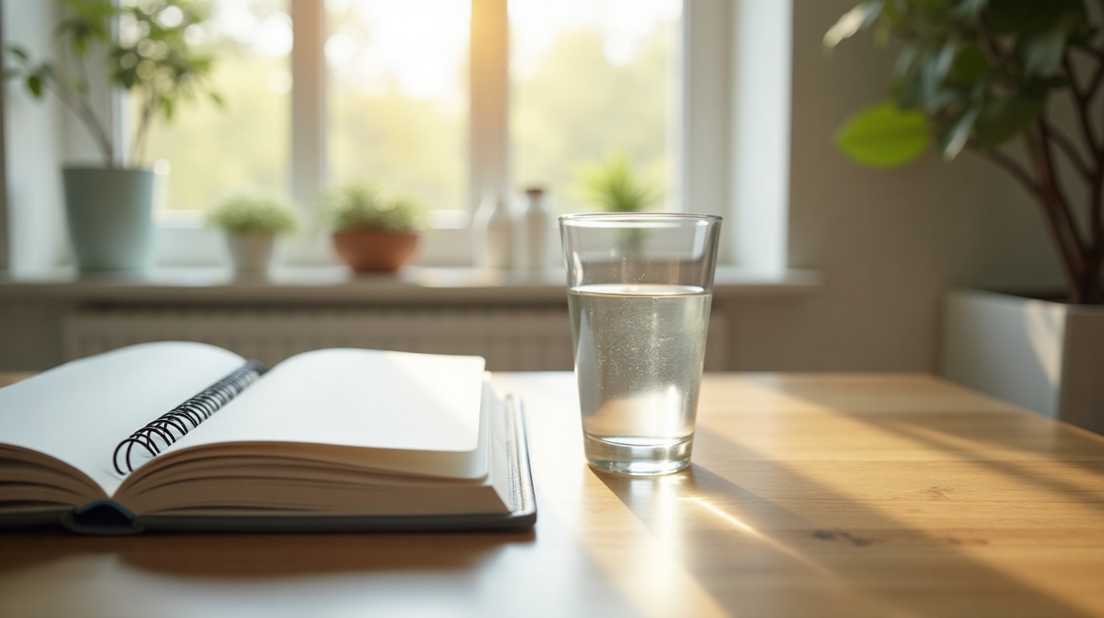 Calm UK wellness scene with water, notebook and soft daylight for an article about alcohol, recovery and mitochondria.