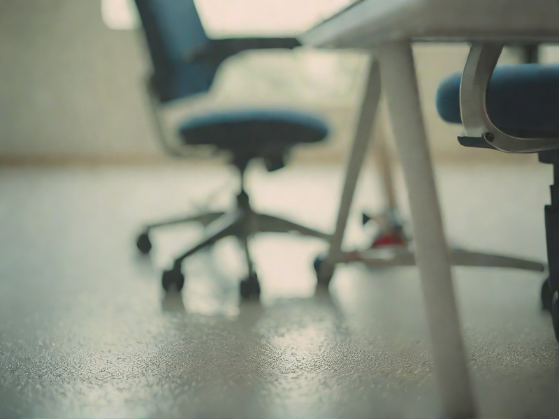 UK desk workspace with chair, trainers and soft mitochondrial energy shapes for an article about sitting and movement.