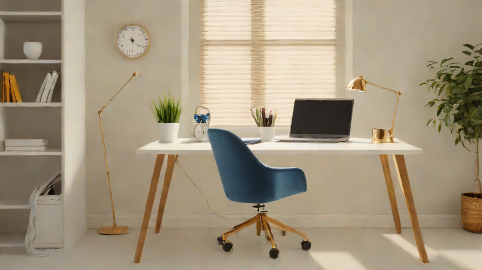 UK desk workspace with chair, trainers and soft mitochondrial energy shapes for an article about sitting and movement.