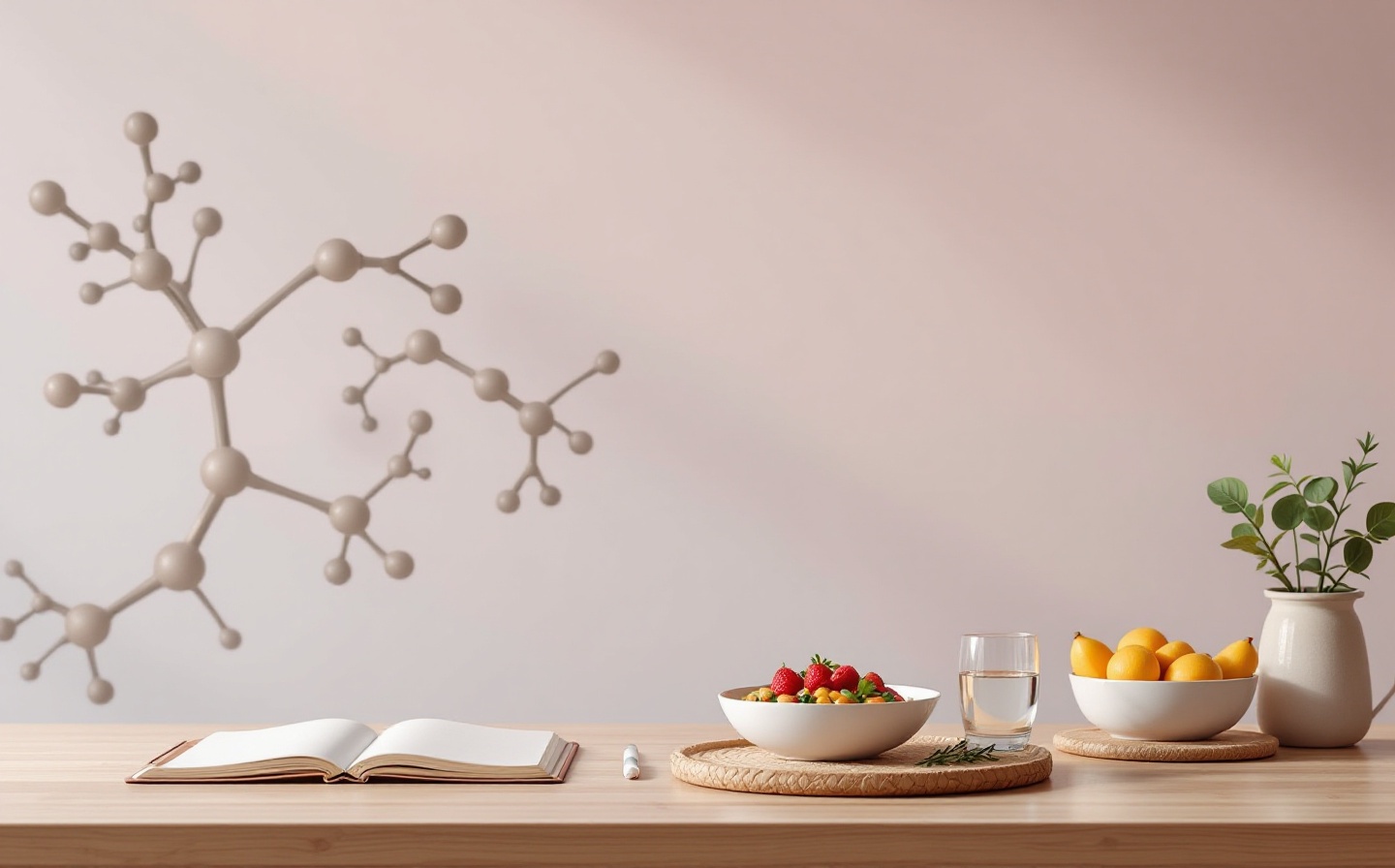 Calm evening table scene for a UK wellness article about late nights, meal timing and mitochondria.