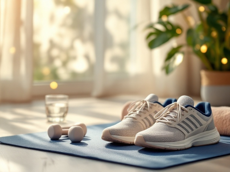 Notebook, trainers and morning light representing midlife energy, muscle and mitochondrial wellness.