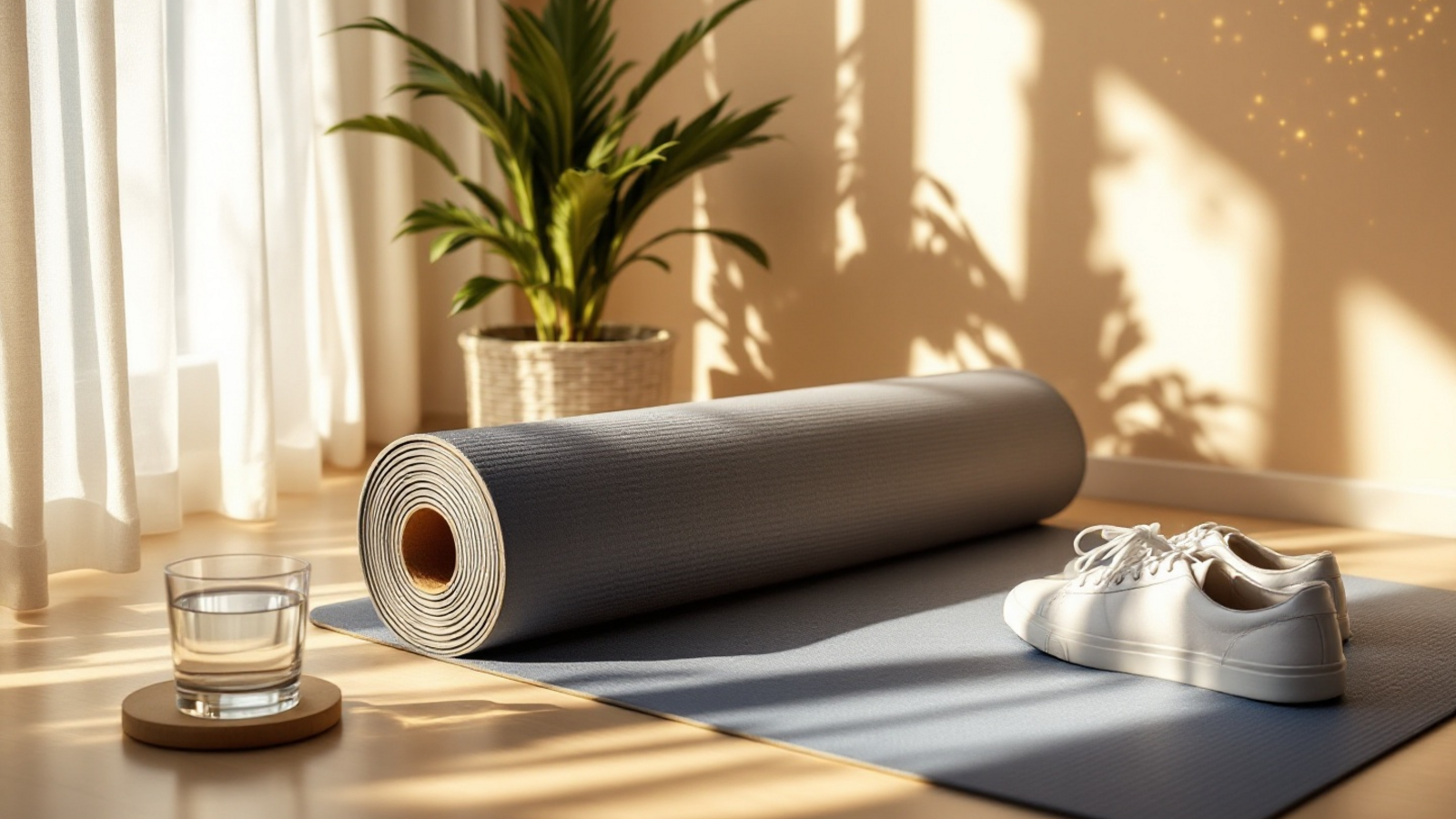Notebook, trainers and morning light representing midlife energy, muscle and mitochondrial wellness.