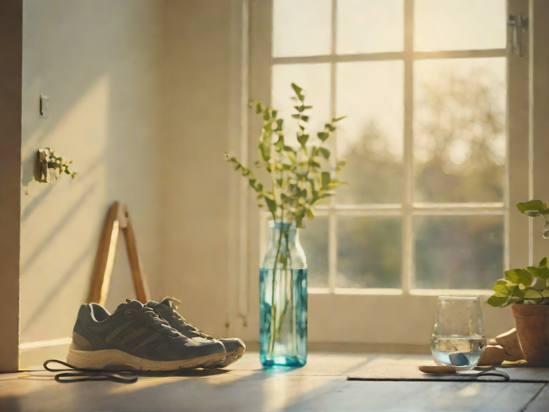 Calm morning routine scene with daylight, trainers and abstract mitochondrial energy shapes for a UK wellness article.