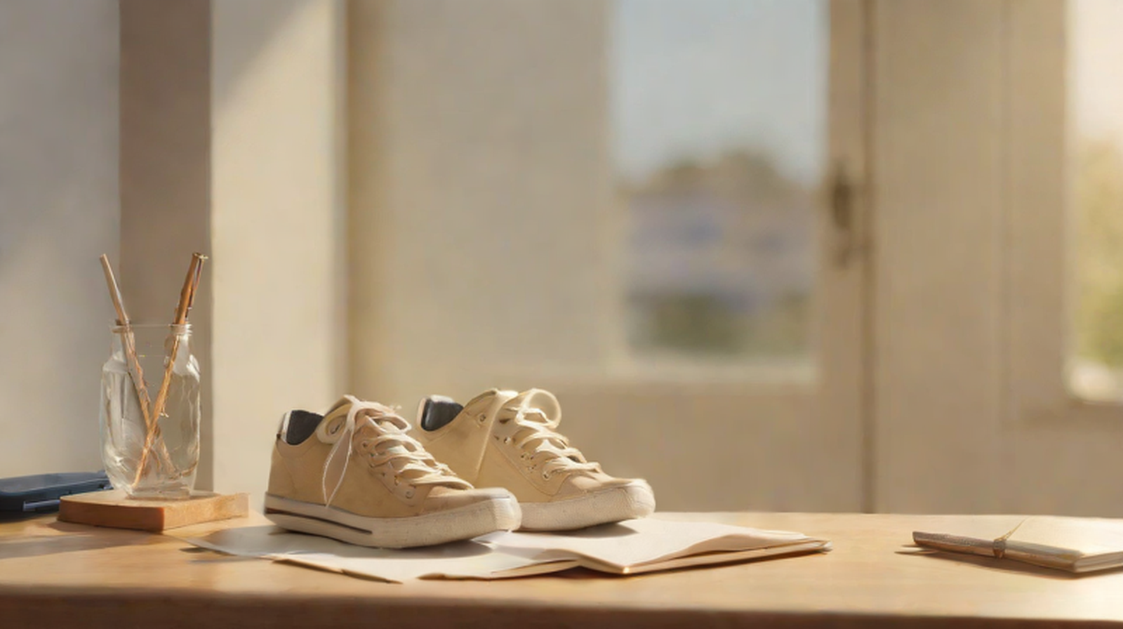 Calm morning routine scene with daylight, trainers and abstract mitochondrial energy shapes for a UK wellness article.