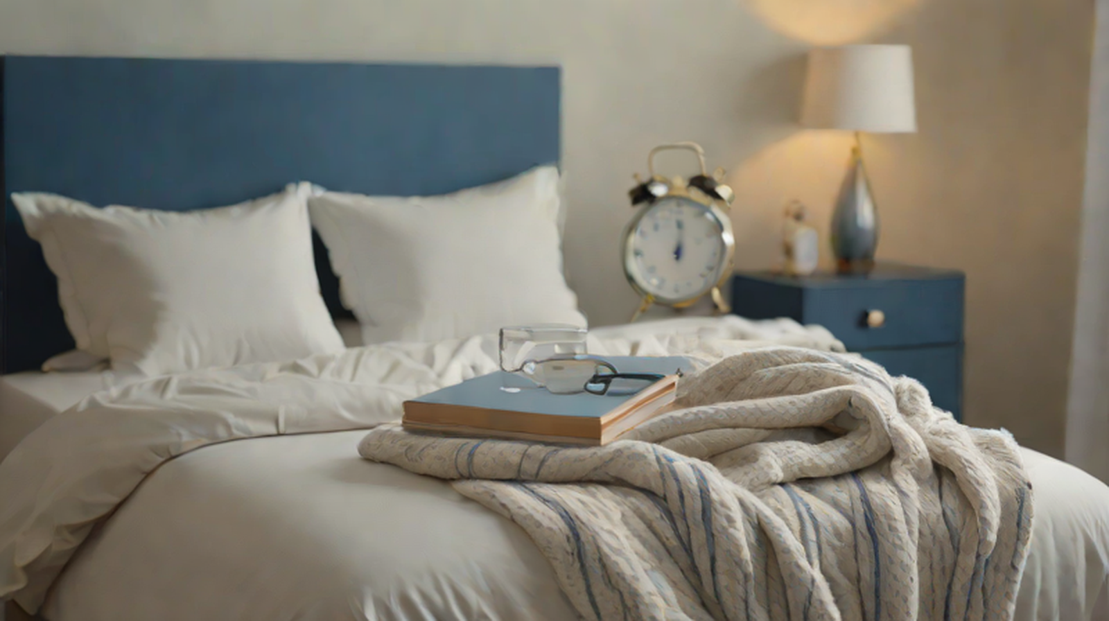 UK bedroom with bedside clock and soft morning light for an article about sleep debt and mitochondrial health.