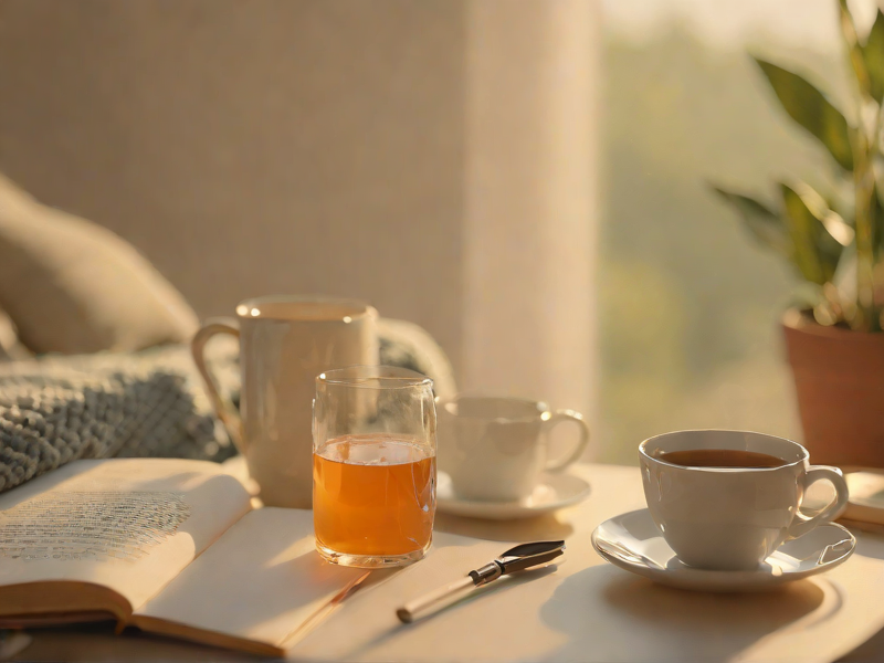 Close crop of a notebook and tea with warm light shapes for an article about stress, cortisol and mitochondrial health.