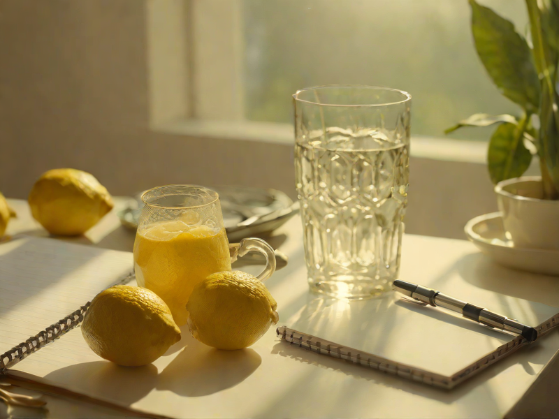 UK kitchen table with clock, water glass and soft mitochondrial shapes for an article about time restricted eating and routine.