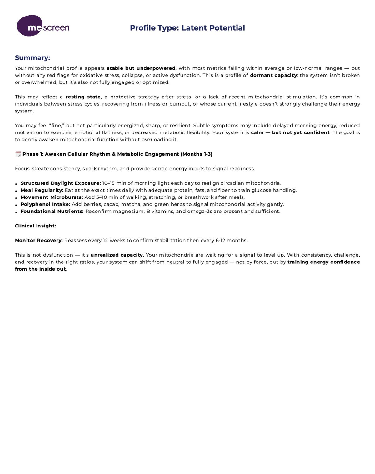 MeScreen biomarker detail page showing individual metric scores