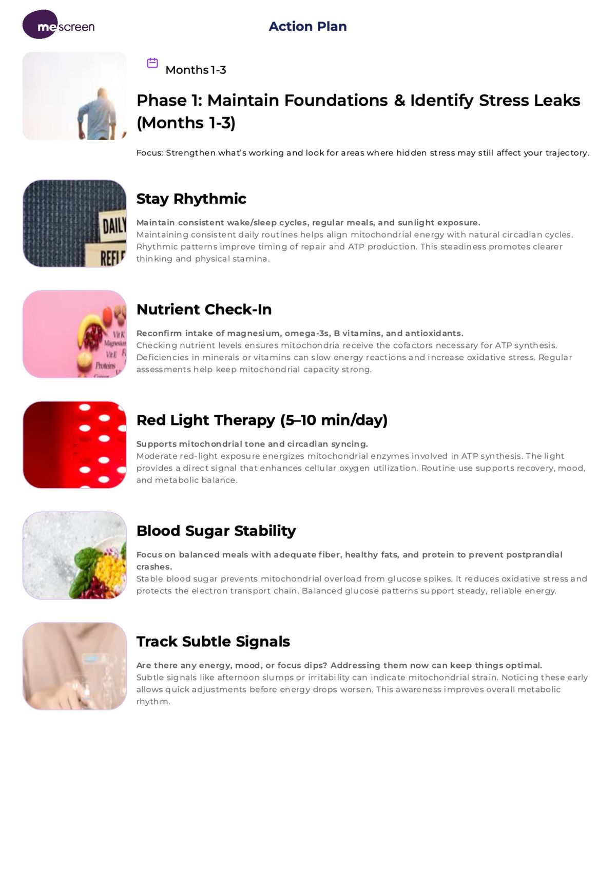 MeScreen guidance notes and personalised recommendations