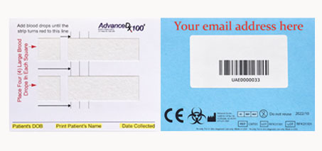 MeScreen blood collection card showing labelled sections, barcode area, and sample squares