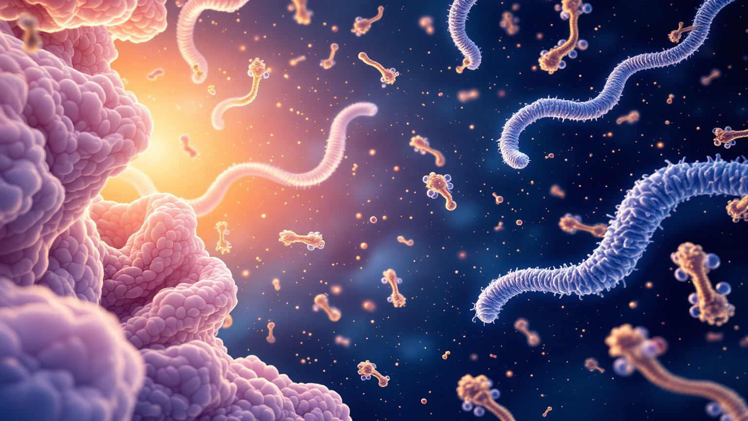 Editorial illustration of healthy mitochondria powering muscle and brain tissue.