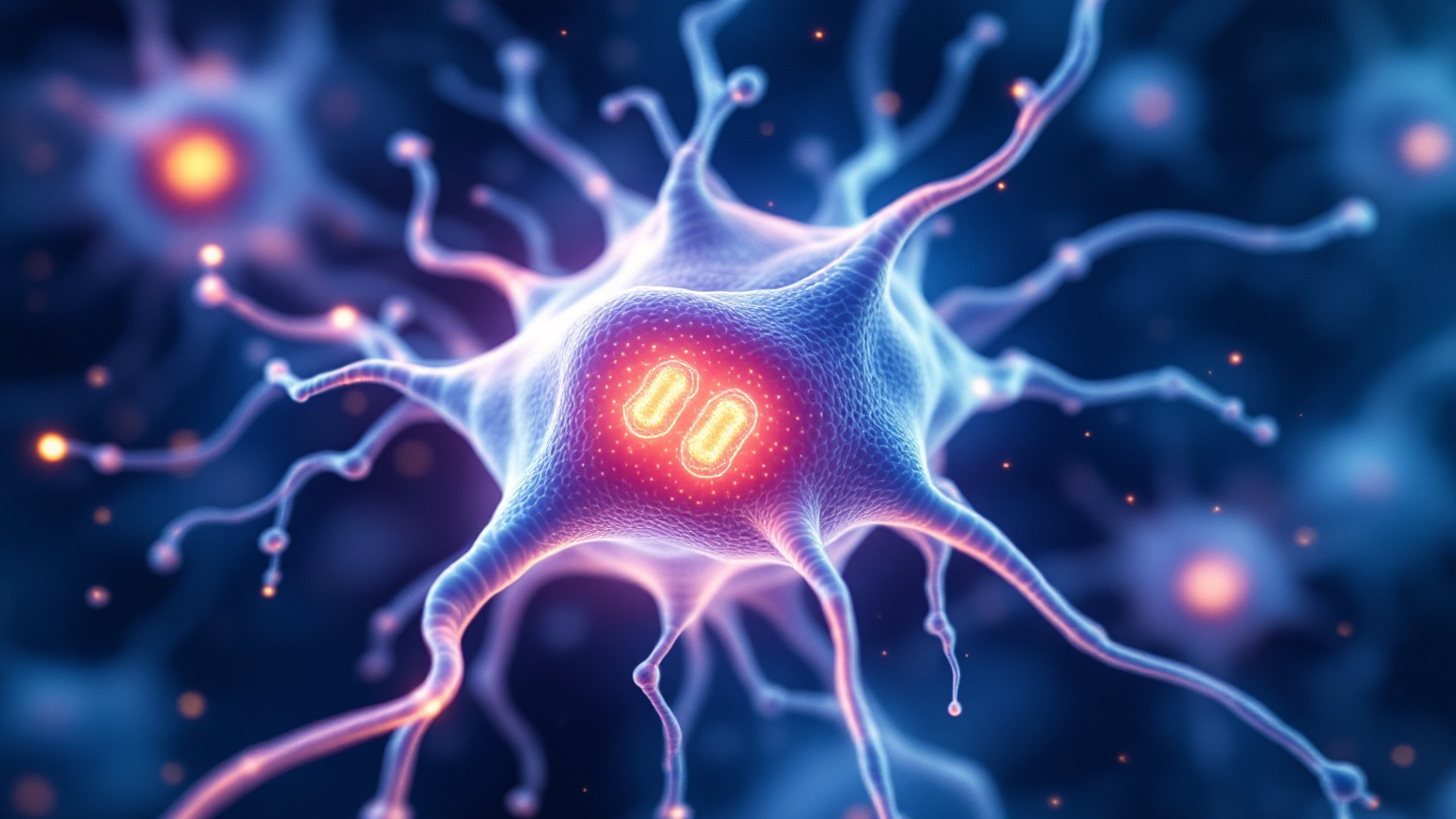 Editorial illustration of a glowing mitochondrial network in navy and lilac tones.