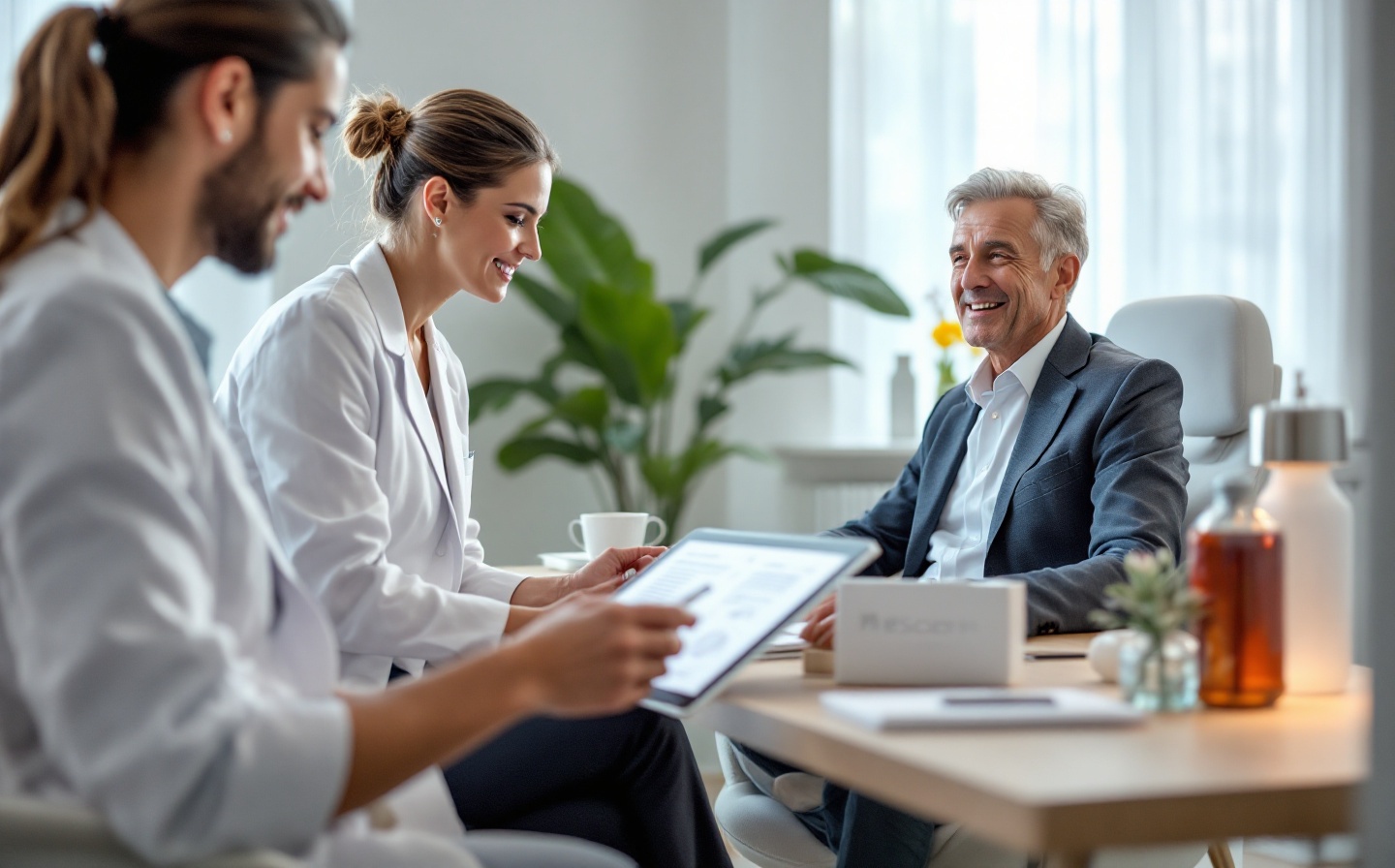 A premium longevity clinic consultation with a practitioner reviewing a MeScreen mitochondrial report beside a discreet sample kit.