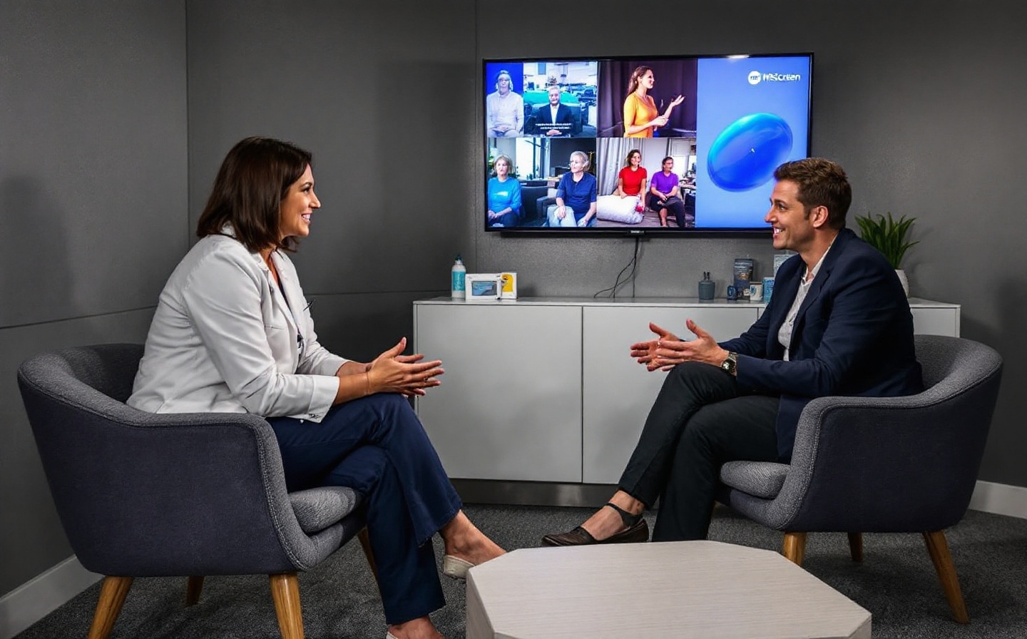 A clinician and client in a specialist longevity setting discussing mitochondrial health insights during a follow-up review.
