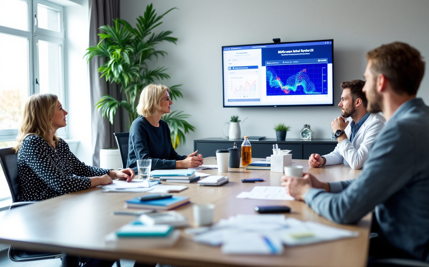 Research partners reviewing study design materials, a MeScreen kit and a mitochondrial data visual in a collaborative lab meeting.