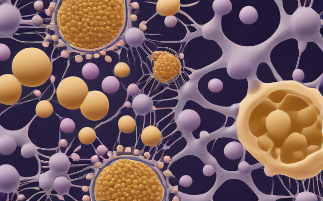 Abstract illustration of caveolae connected to mitochondria inside a cell.