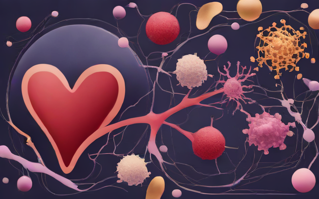 Abstract illustration of endothelial cells, blood factors and heart function.