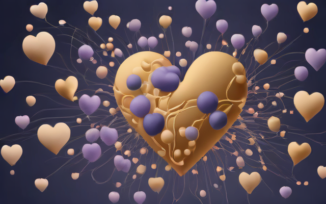 Abstract illustration of caveolin particles and a protected heart.