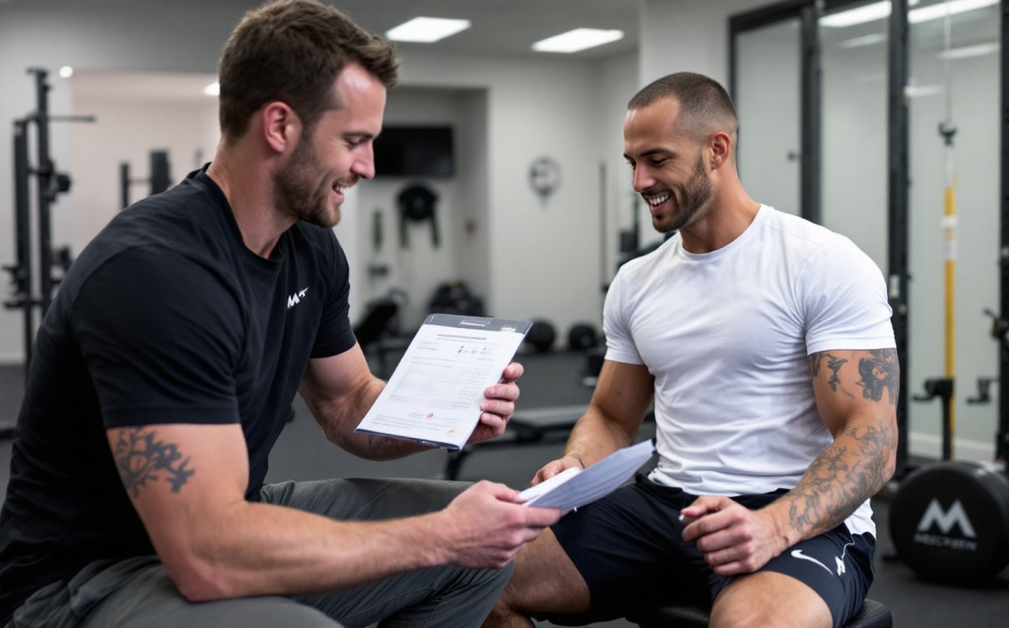 A performance coach and athlete reviewing a MeScreen report in a high-end training space with recovery equipment nearby.